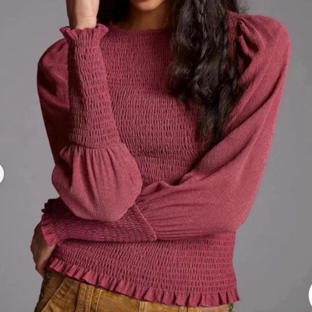 Anthropologie Womens Smocked Bodice Puff Sleeve Fitted Blouse Boho Burgundy Xs